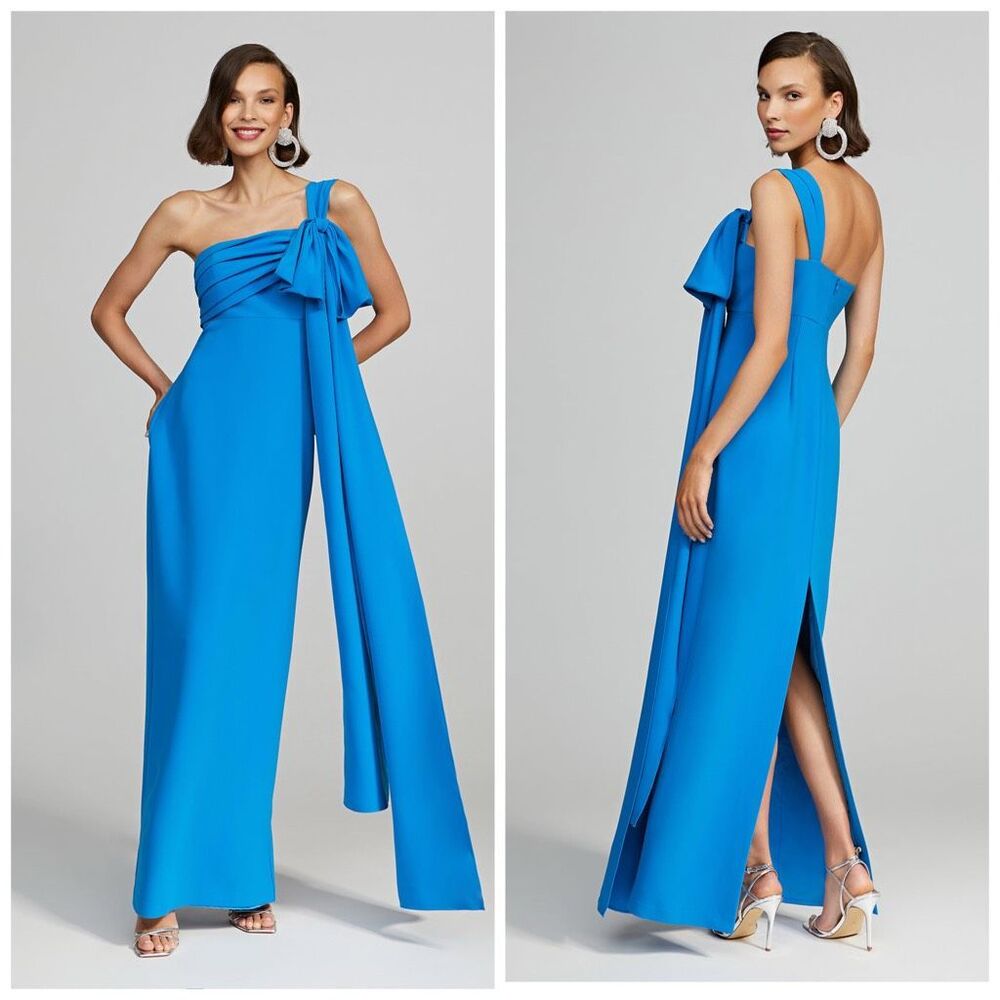 Halston Heritage Bright Blue One-Shoulder Maxi Dress with Draped Bow